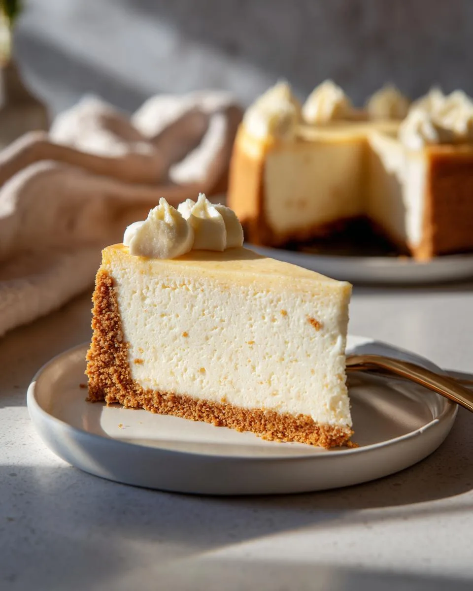 A perfect slice of vanilla bean cheesecake with a graham cracker crust, topped with whipped cream.