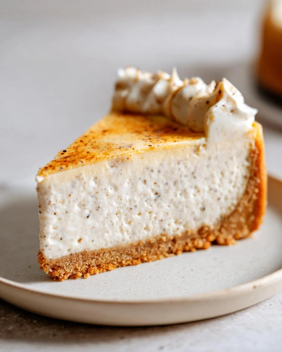 A close-up of a slice of vanilla bean cheesecake with a graham cracker crust and toasted meringue topping.