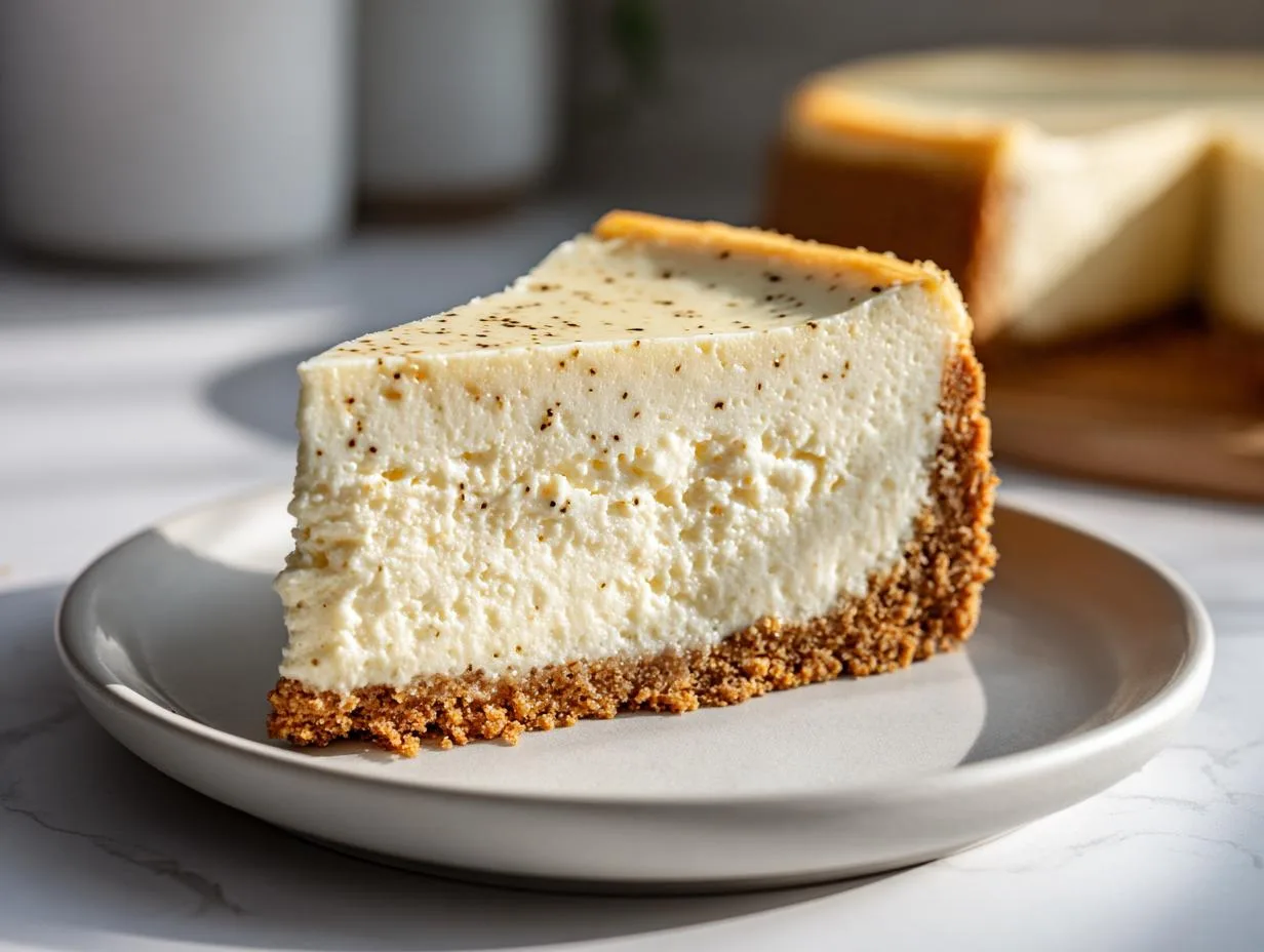 A perfect slice of Vanilla Bean Cheesecake with a graham cracker crust on a plate.
