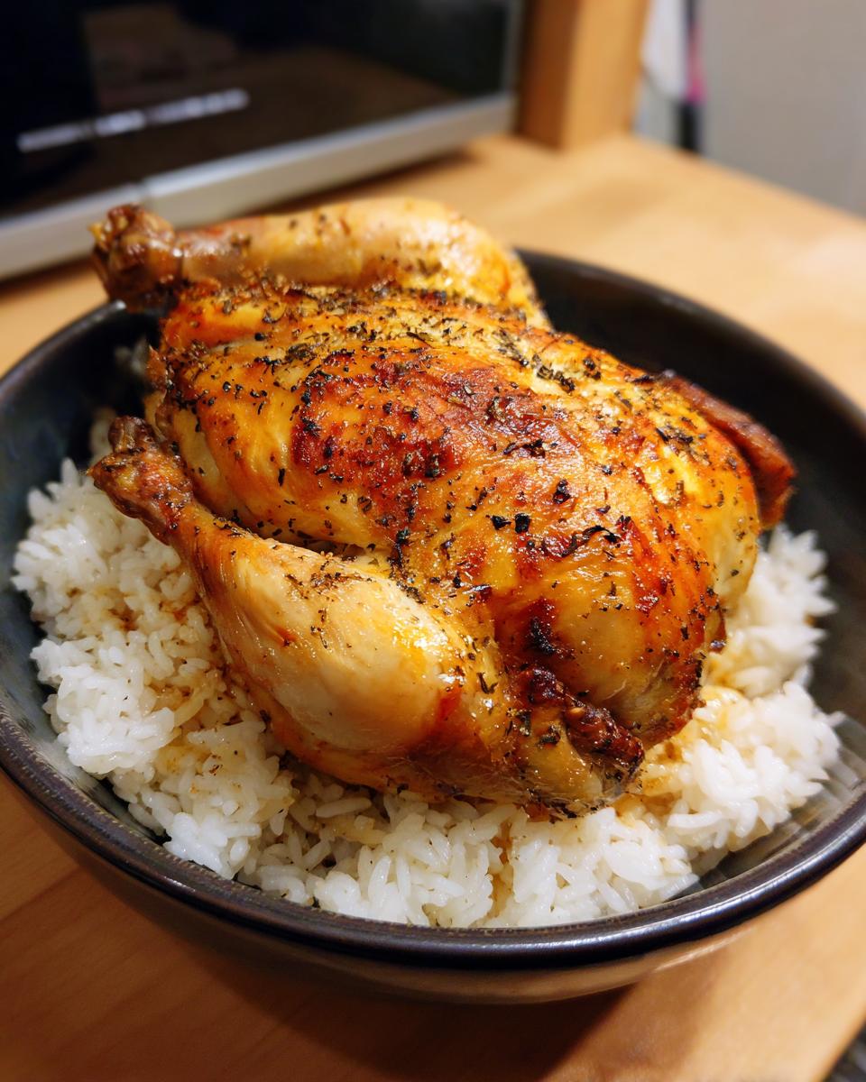 A whole roasted chicken seasoned with herbs sits atop a bed of fluffy white rice, perfect for NYE dinner ideas.