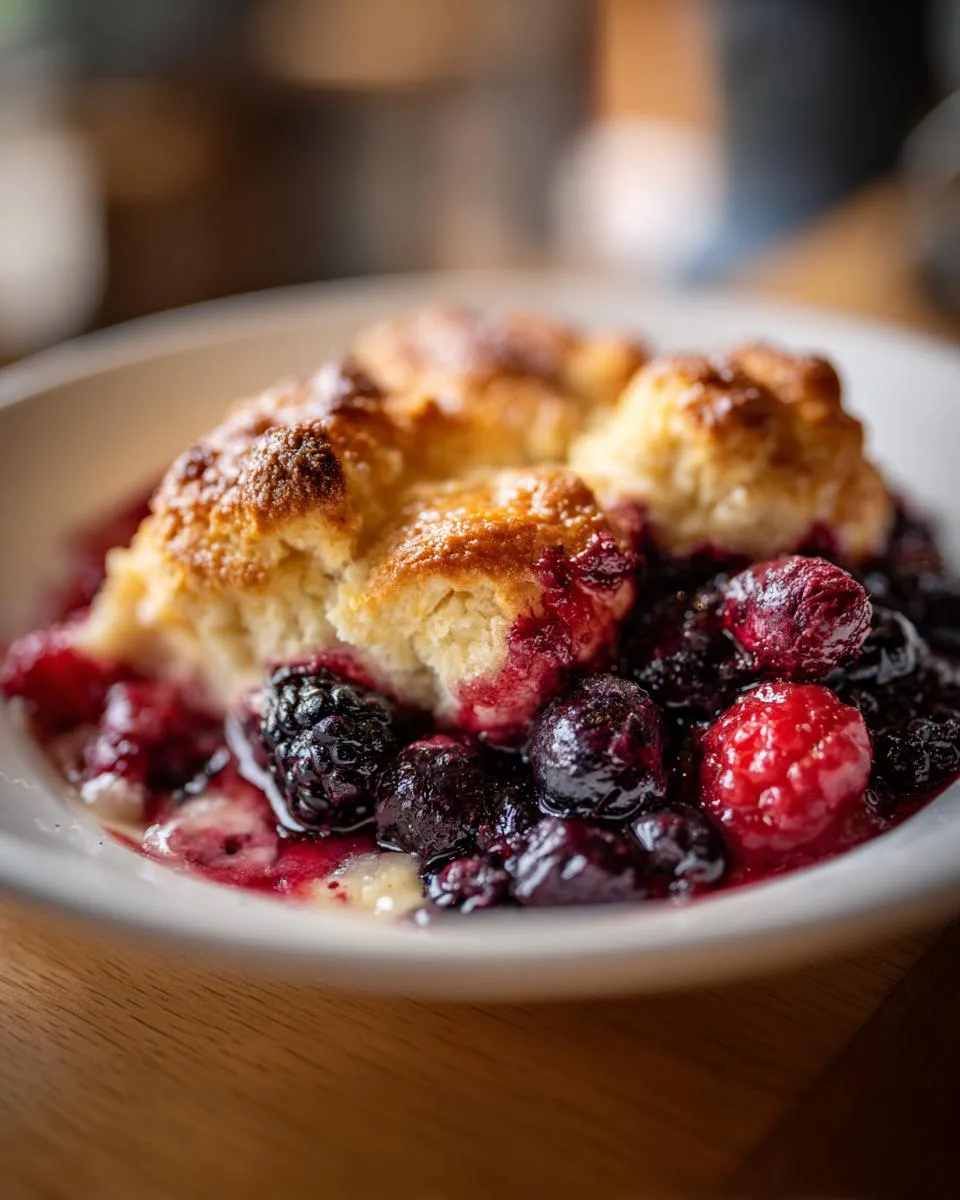 A close-up of a serving of warm winter berry cobbler, featuring a golden biscuit topping and juicy mixed berries.