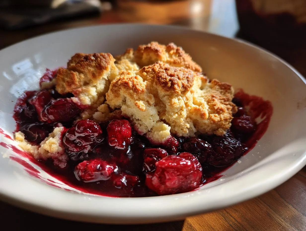 A close-up of a warm Winter Berry Cobbler served in a white bowl, showcasing juicy berries and a golden biscuit topping.