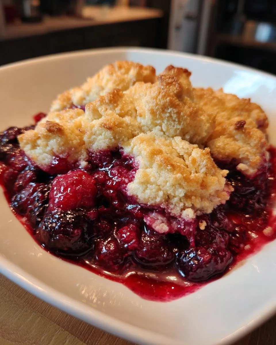 A close-up of a warm Winter Berry Cobbler in a white bowl, featuring a bubbling berry filling and a golden, crumbly topping.
