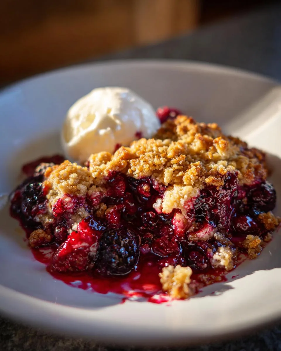 A close-up of a serving of warm winter berry cobbler topped with a scoop of vanilla ice cream.