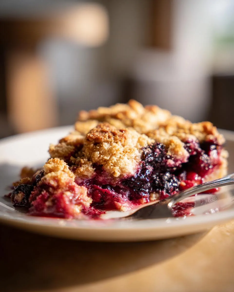 A close-up shot of a slice of winter berry cobbler on a white plate, with a fork digging into the juicy berry filling and crumbly topping.