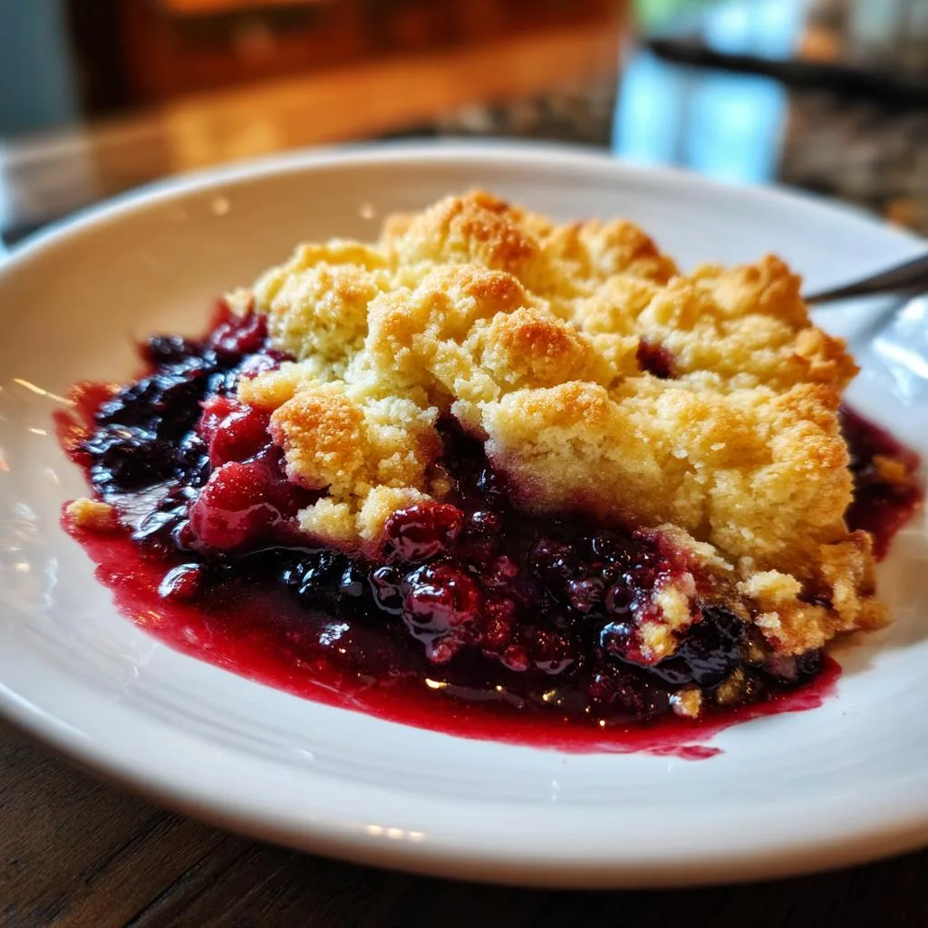 A close-up of a warm slice of winter berry cobbler with a golden crumble topping and bubbling berry filling.