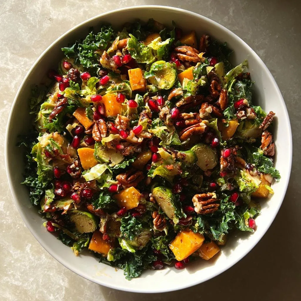 A close-up overhead view of a colorful Winter Harvest Salad featuring kale, roasted butternut squash, Brussels sprouts, pecans, and pomegranate seeds.