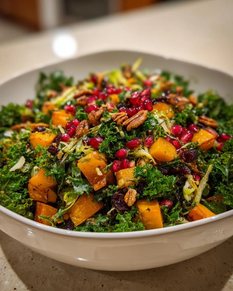 A close-up of a colorful Winter Harvest Salad featuring kale, roasted butternut squash, pomegranate seeds, pecans, and dried cranberries.