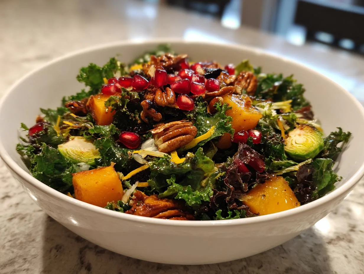 A close-up of a colorful Winter Harvest Salad featuring kale, butternut squash, pomegranate seeds, and pecans.