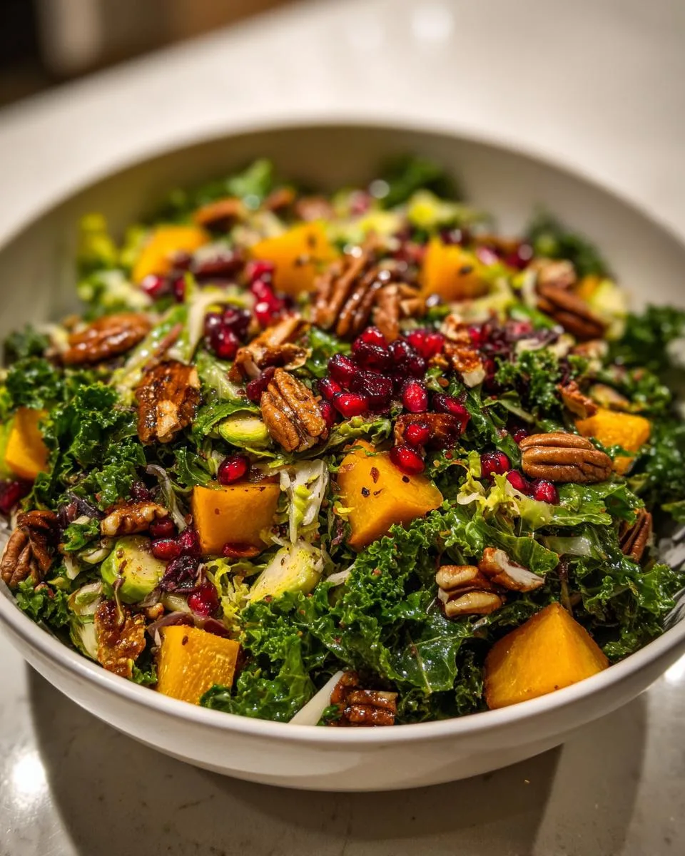 A close-up of a colorful Winter Harvest Salad featuring kale, roasted butternut squash, pomegranate seeds, and pecans.