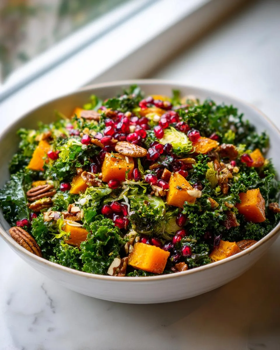 A close-up of a colorful Winter Harvest Salad featuring kale, roasted butternut squash, pomegranate seeds, and pecans.