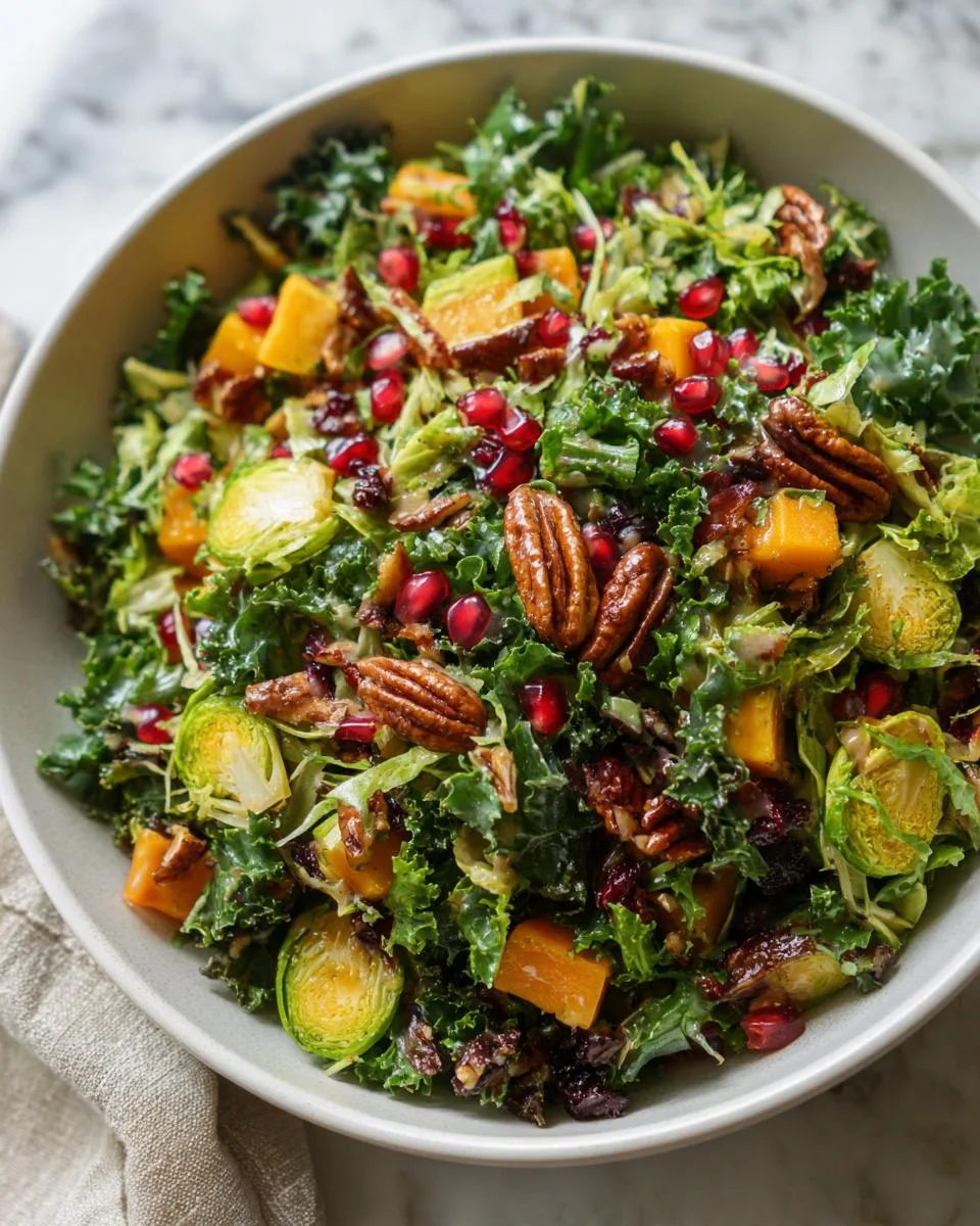 A colorful and hearty Winter Harvest Salad featuring kale, Brussels sprouts, butternut squash, pecans, and pomegranate seeds.