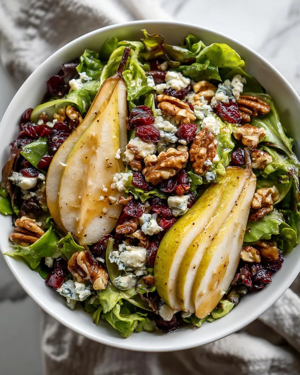 A refreshing Winter Pear Salad in a white bowl, topped with sliced pears, cranberries, walnuts, and blue cheese.