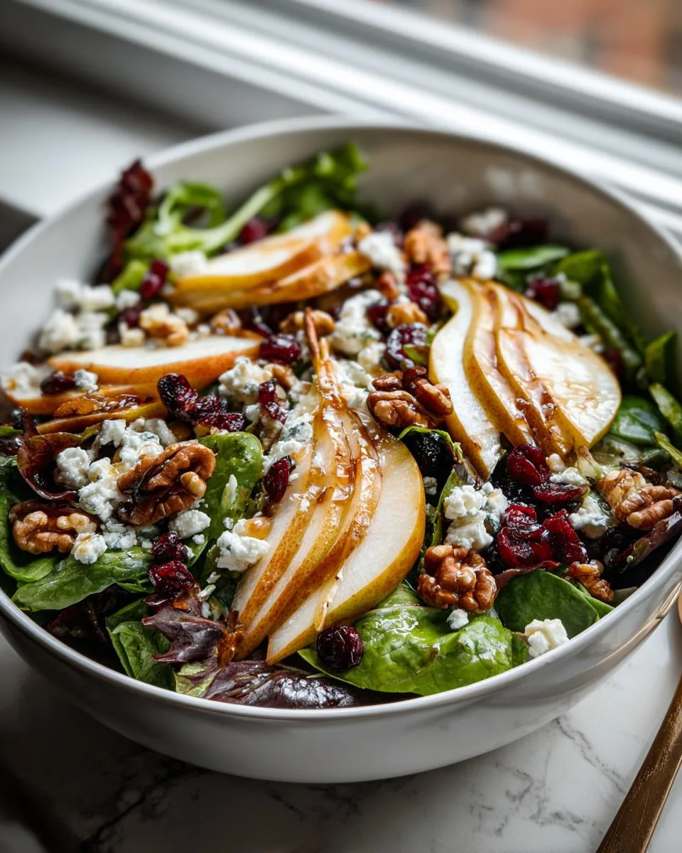 A close-up of a refreshing Winter Pear Salad featuring sliced pears, walnuts, dried cranberries, and crumbled blue cheese.