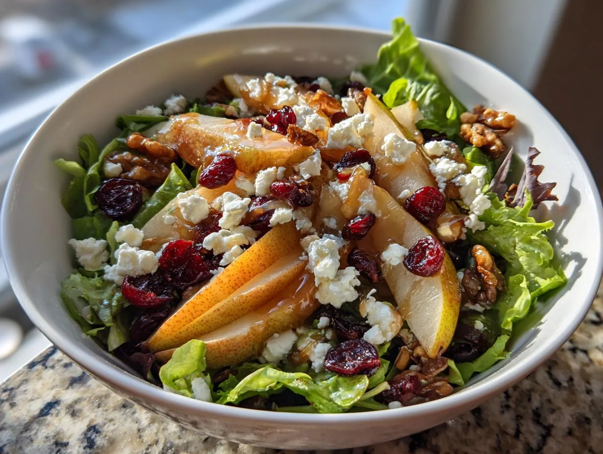 A refreshing Winter Pear Salad featuring sliced pears, dried cranberries, walnuts, and crumbled feta cheese on a bed of mixed greens.