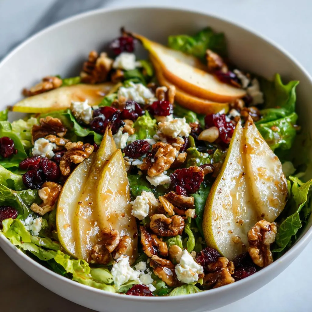 A refreshing Winter Pear Salad featuring sliced pears, crumbled feta cheese, walnuts, and dried cranberries on a bed of crisp lettuce.