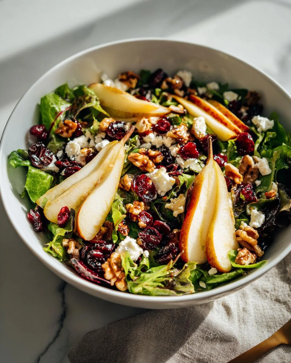 A close-up of a vibrant Winter Pear Salad featuring sliced pears, crumbled feta cheese, dried cranberries, and walnuts on a bed of mixed greens.