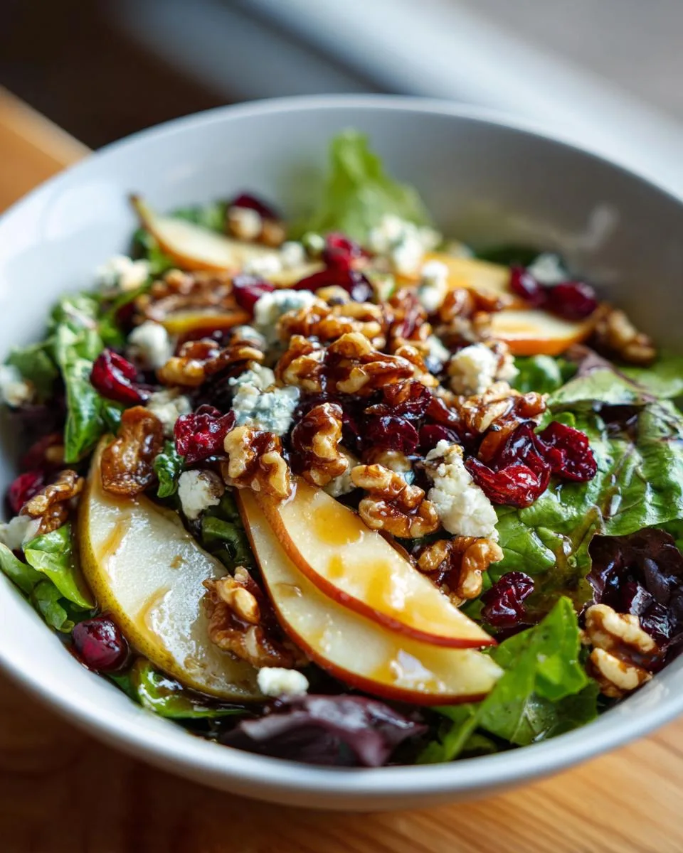 A close-up of a refreshing Winter Pear Salad featuring sliced pears, walnuts, dried cranberries, and blue cheese crumbles.