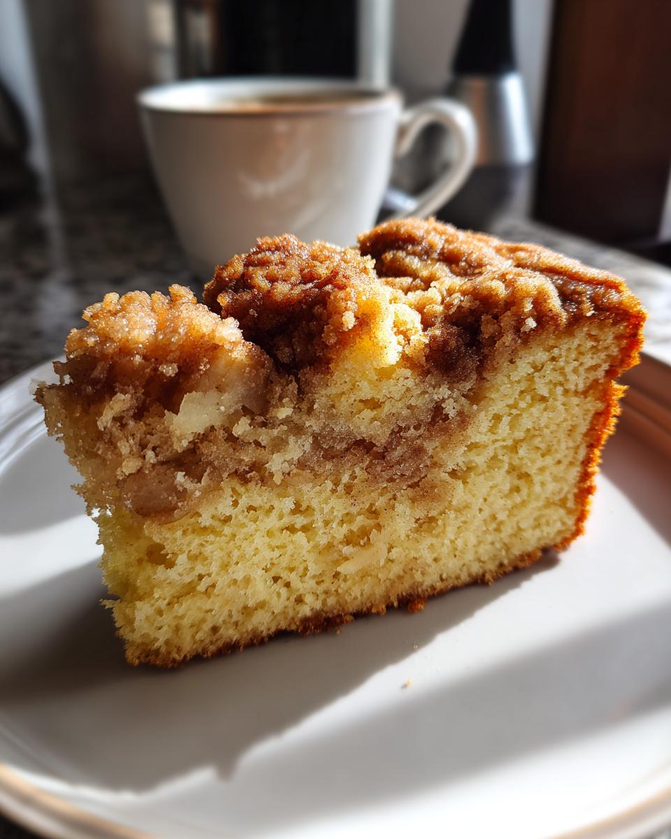Close-up of a slice of apple cinnamon coffee cake with crumb topping on a white plate