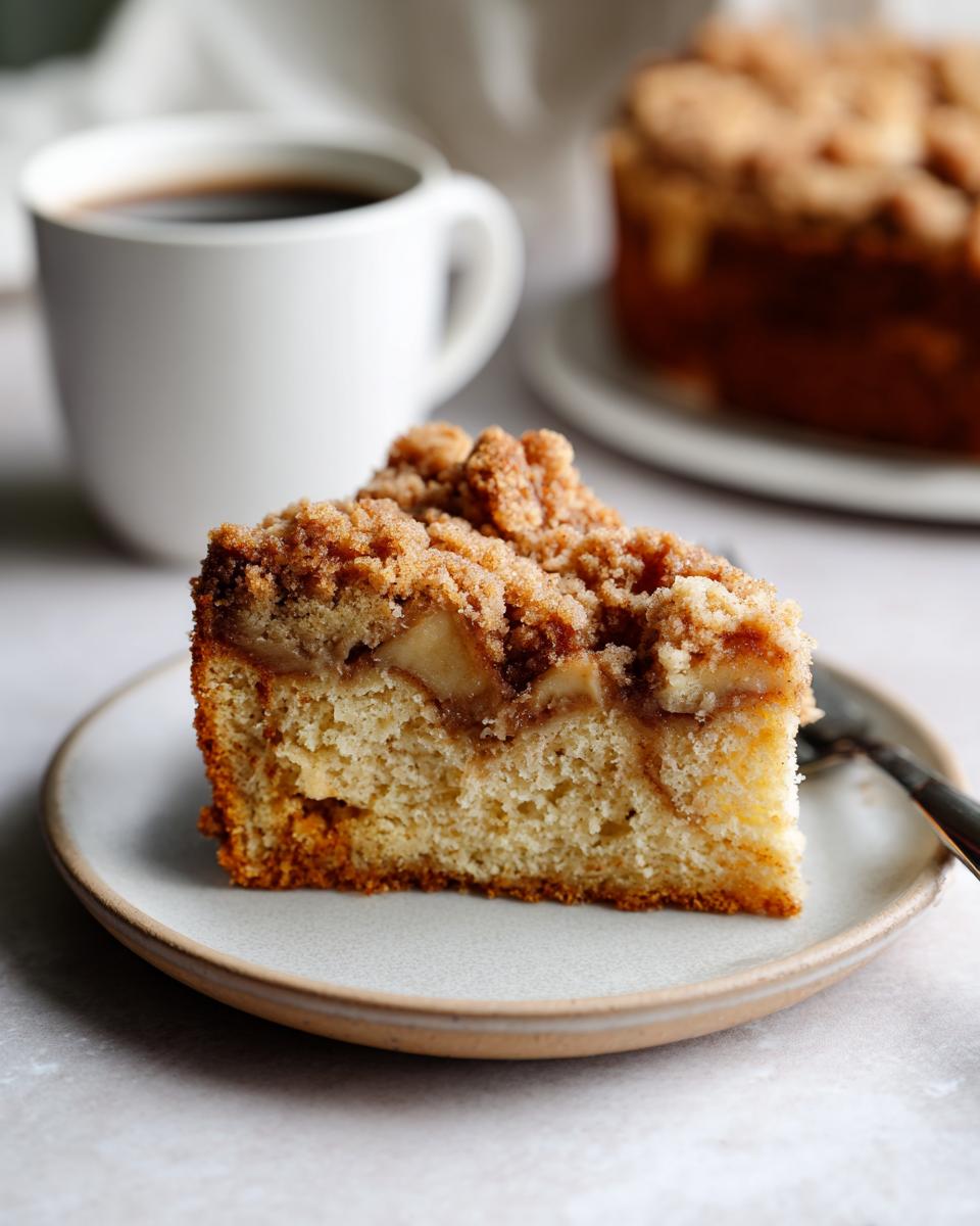 Close-up slice of apple cinnamon coffee cake with crumb topping on a plate next to a cup of coffee