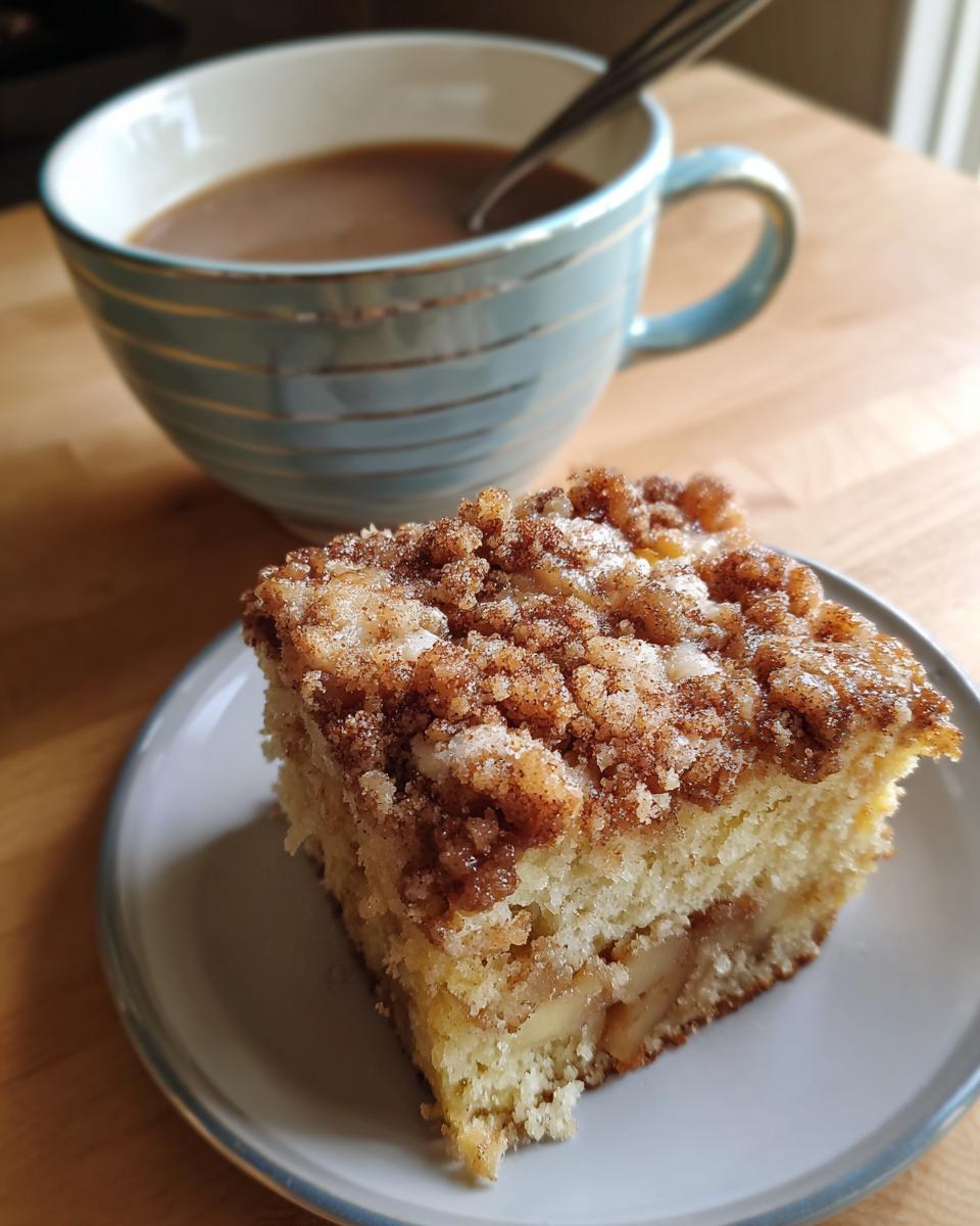 Close-up of apple cinnamon coffee cake with crumb topping on a plate with coffee in the background.