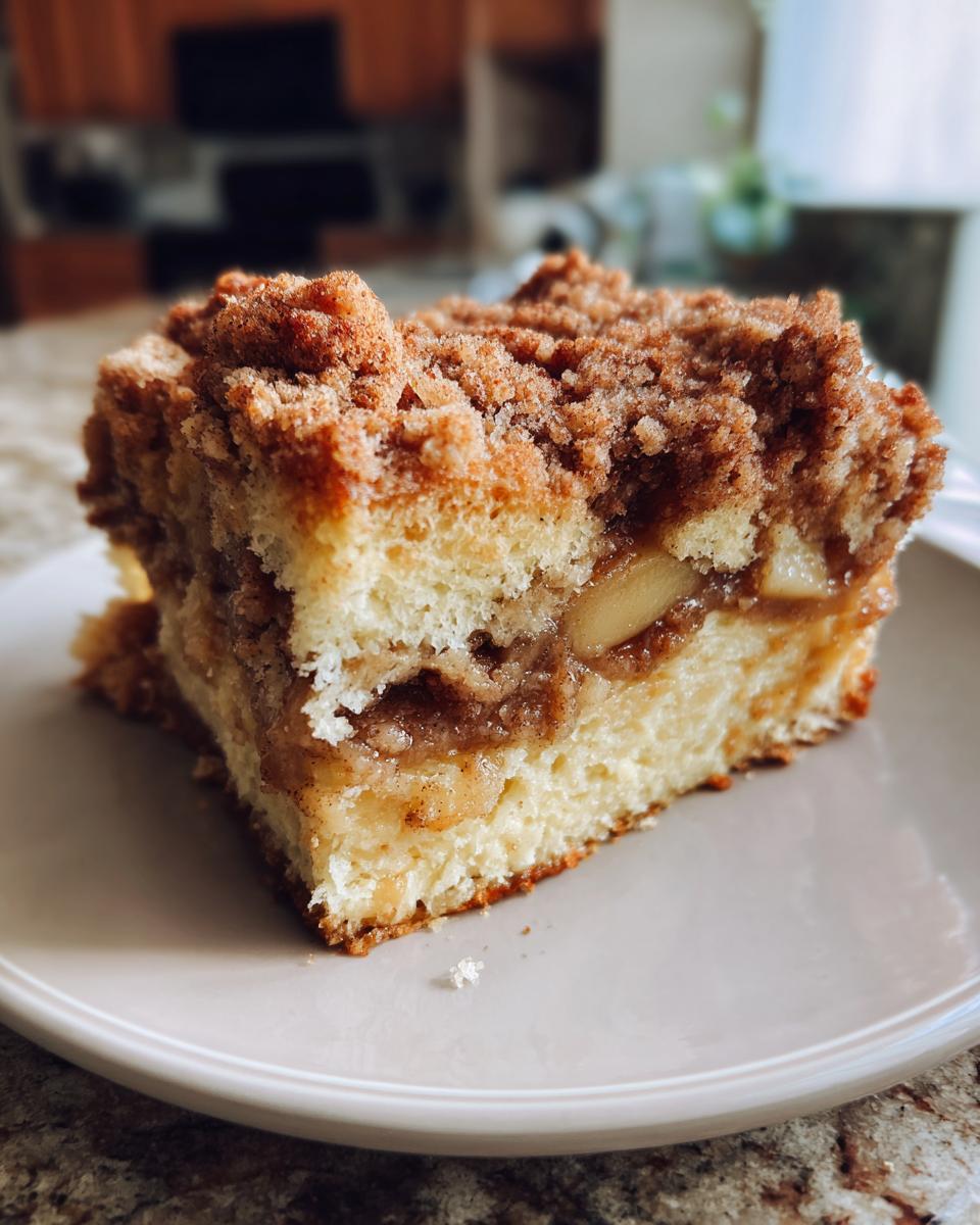 Close-up of a slice of apple cinnamon coffee cake with crumb topping on a plate.