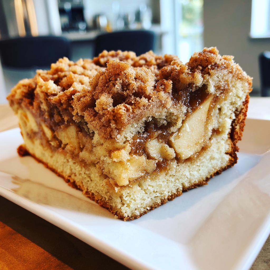 Close-up of a slice of apple cinnamon coffee cake with crumb topping on a white plate