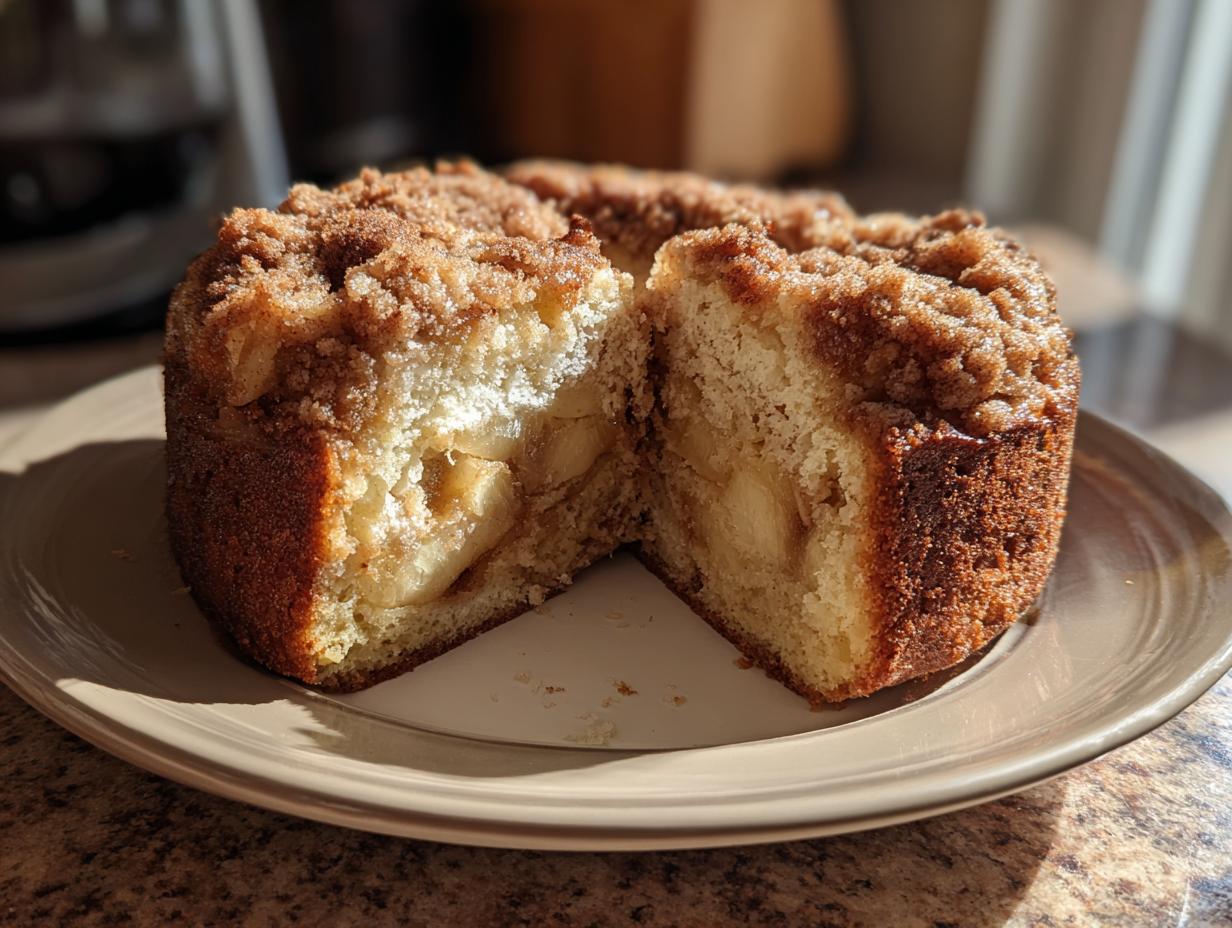 Close-up of apple cinnamon coffee cake with crumb topping on a plate sliced in half.