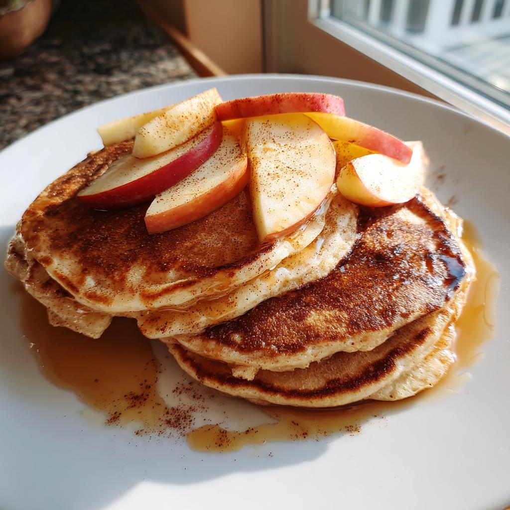 Close-up of apple cinnamon protein pancake breakfast topped with apple slices and syrup on a white plate.