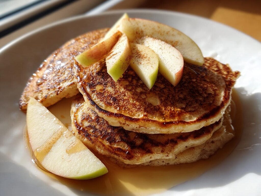 Plate with apple cinnamon protein pancake breakfast topped with apple slices and cinnamon