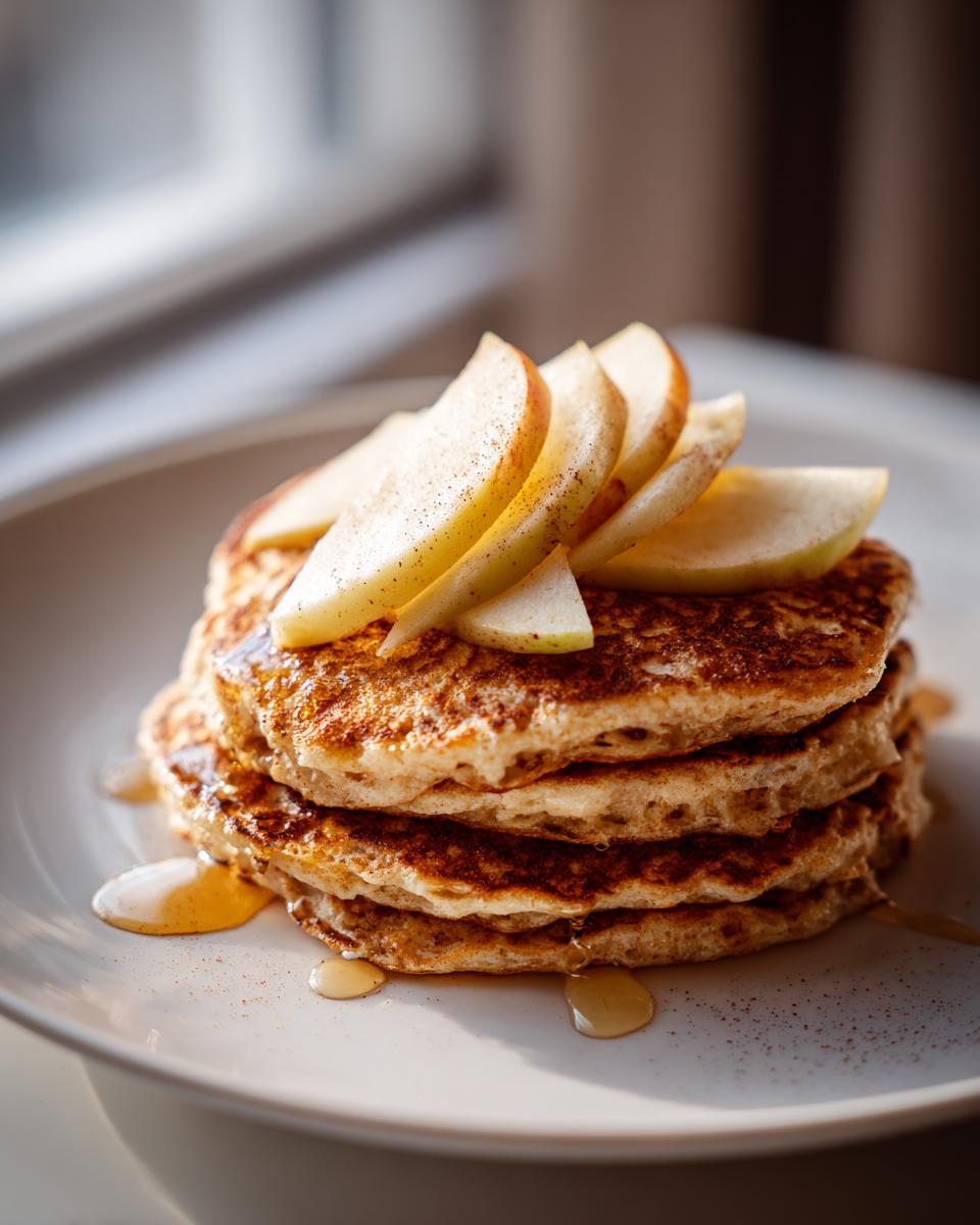 Stack of apple cinnamon protein pancake breakfast topped with sliced apples and drizzled with syrup