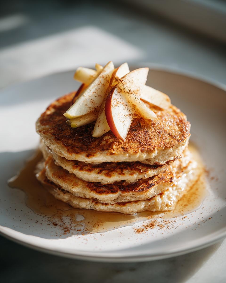 Three stacked apple cinnamon protein pancakes topped with sliced apples and cinnamon on a white plate