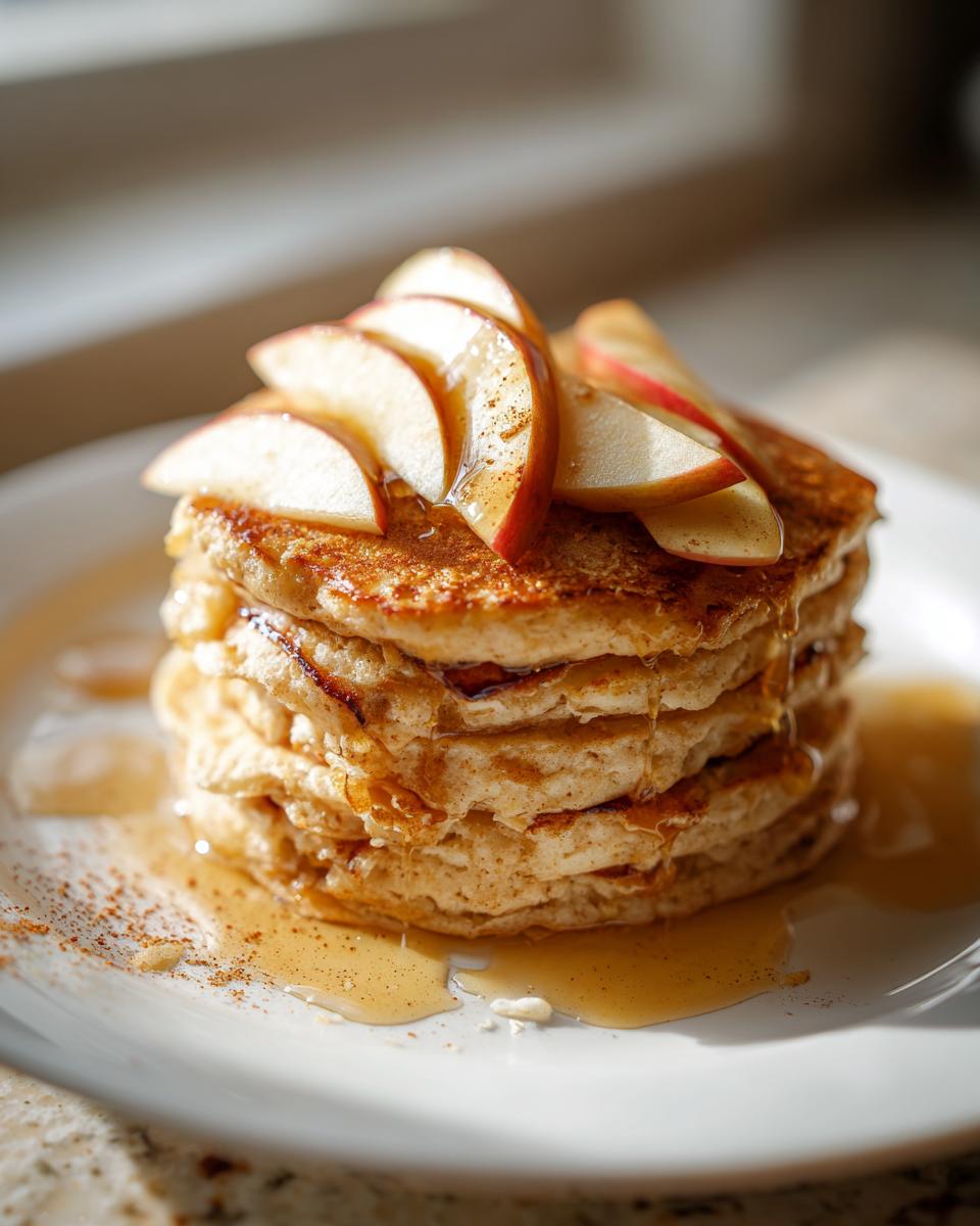 Stack of apple cinnamon protein pancake breakfast topped with sliced apples and drizzled syrup.