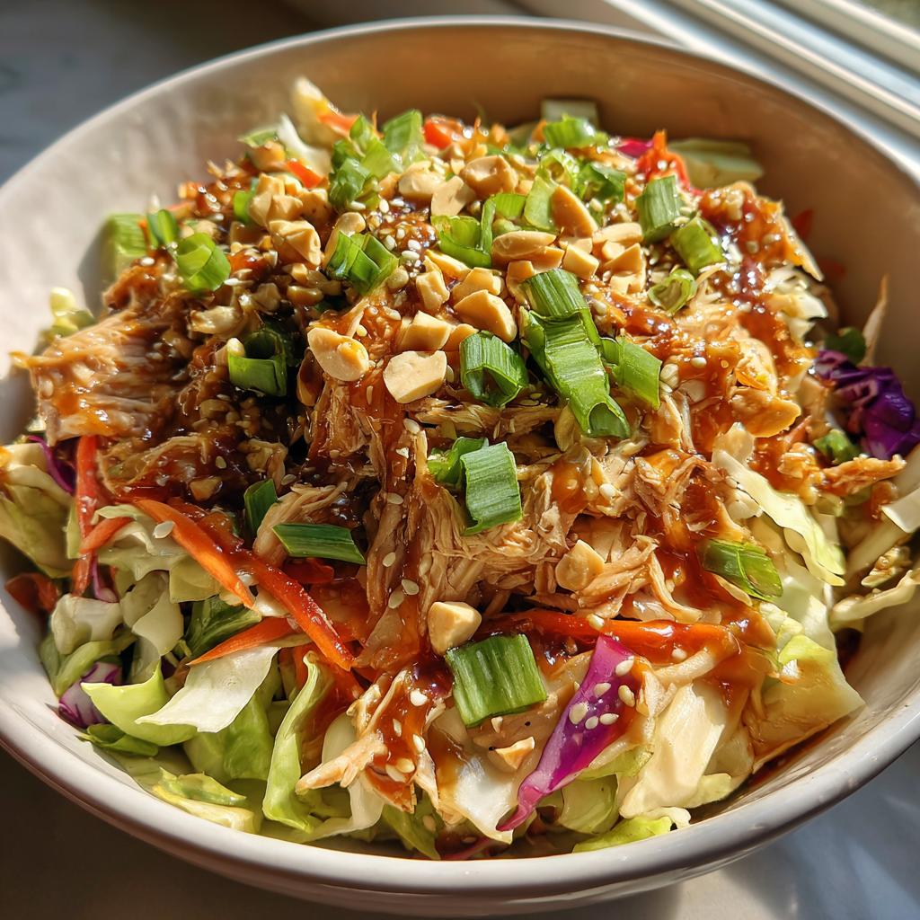 Bowl of asian sesame chicken salad crunch with shredded chicken, peanuts, green onions, and mixed cabbage.