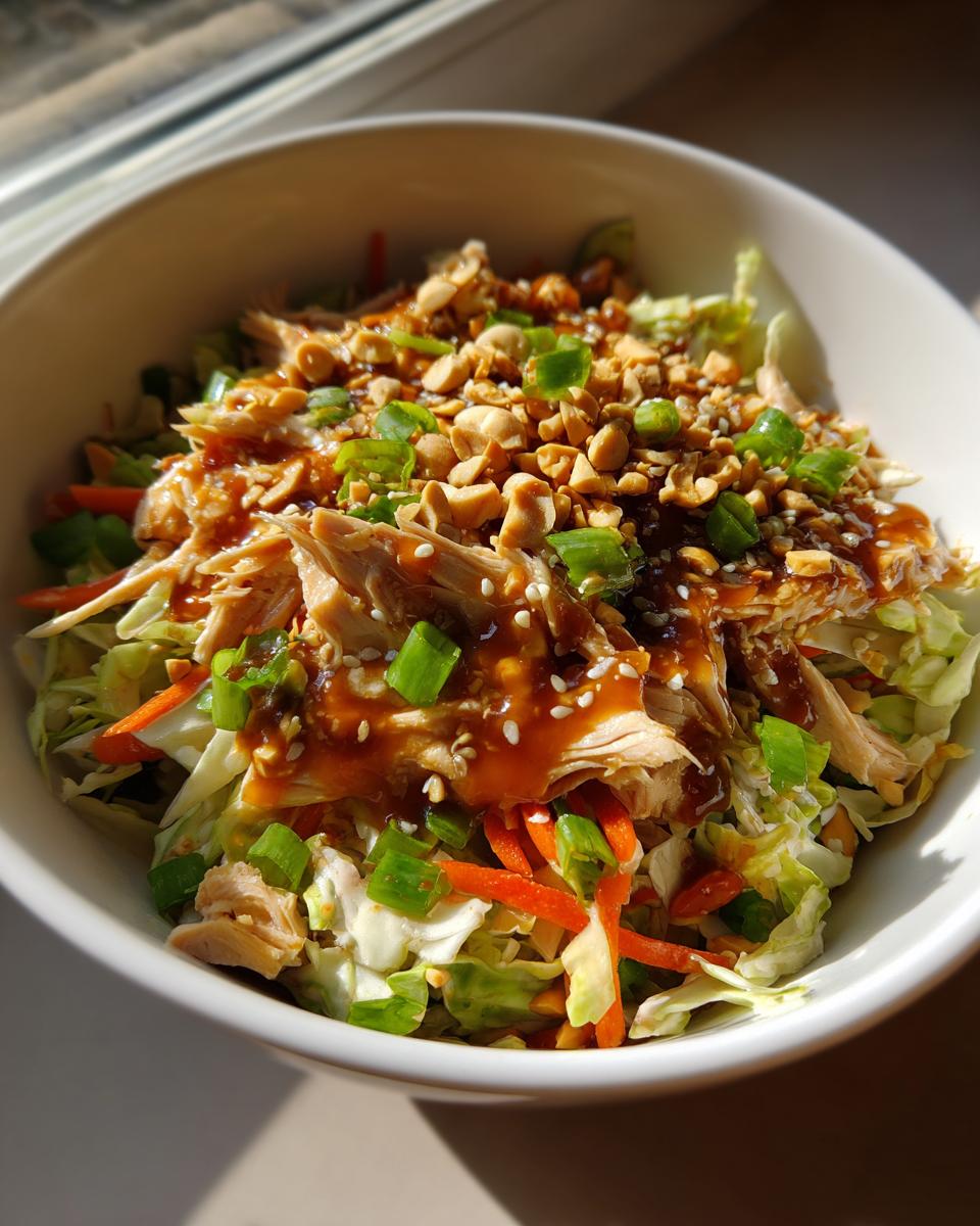 Bowl of asian sesame chicken salad crunch with shredded chicken, chopped peanuts, carrots, cabbage, and green onions