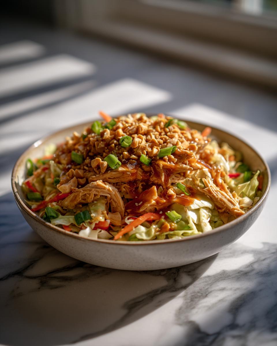Bowl of asian sesame chicken salad crunch with shredded chicken, chopped nuts, and fresh vegetables