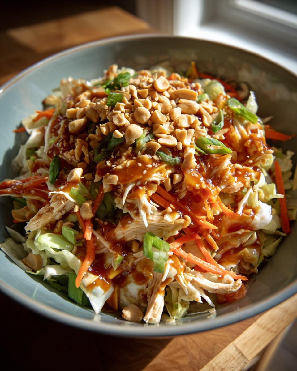 Bowl of asian sesame chicken salad crunch with shredded chicken, carrots, cabbage, peanuts, and dressing