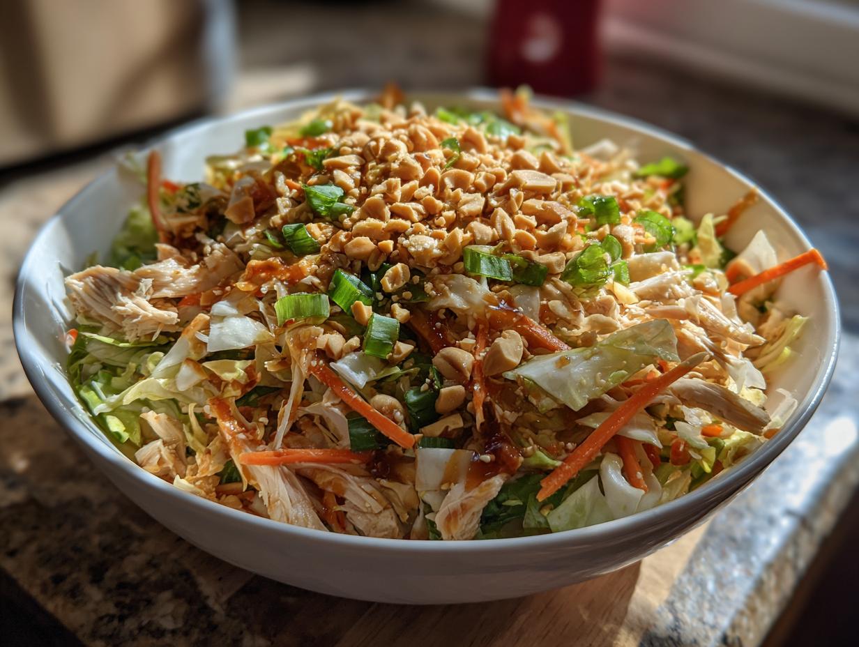 Bowl of asian sesame chicken salad crunch with shredded chicken, chopped peanuts, carrots, and green onions