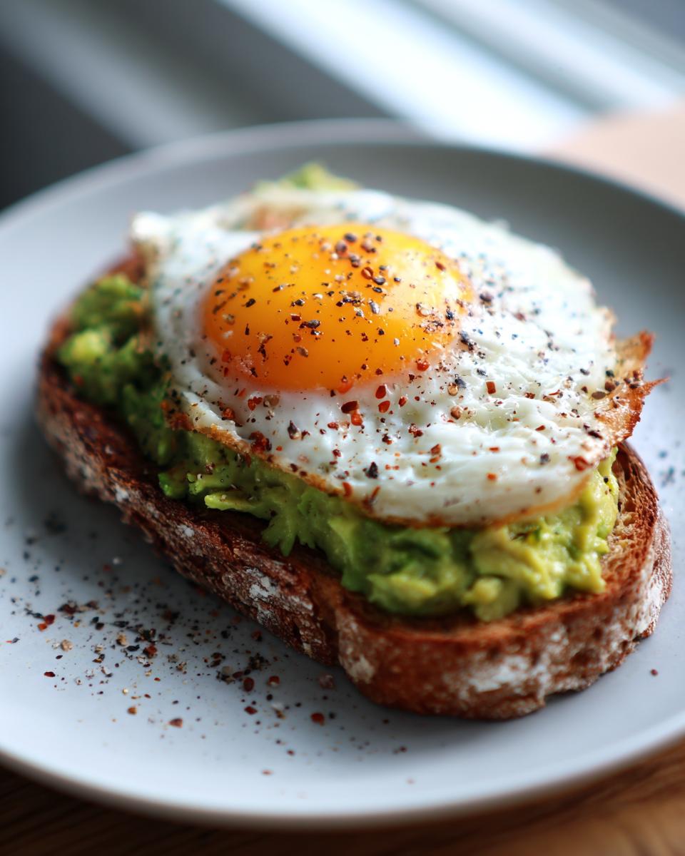 Avocado toast topped with a sunny-side-up egg sprinkled with pepper on a white plate.