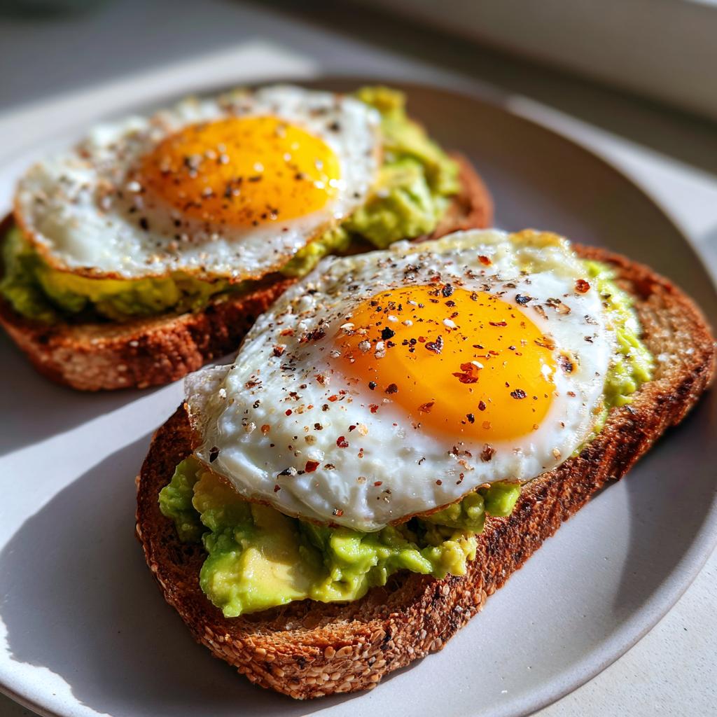 Close-up of two slices of avocado toast with egg healthy breakfast on a white plate