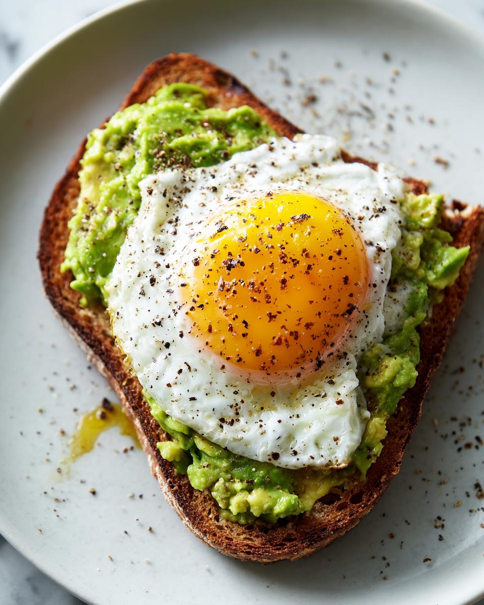 Slice of toasted bread topped with mashed avocado and a fried egg seasoned with pepper