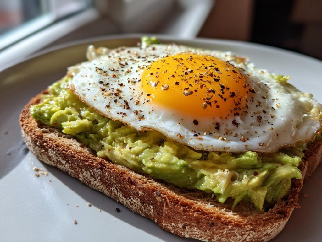 Toasted bread topped with mashed avocado and a sunny side up egg sprinkled with black pepper