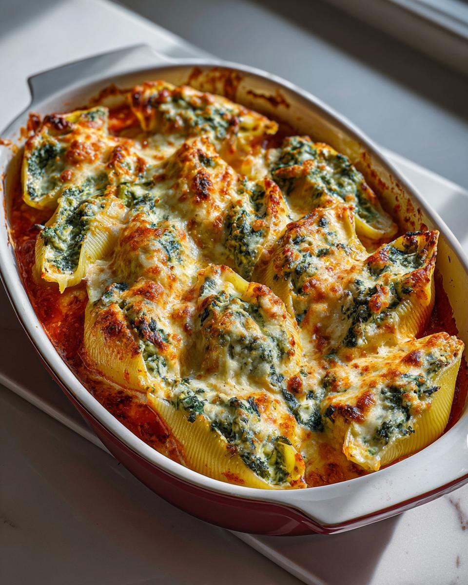 Golden baked chicken spinach stuffed shells with melted cheese in a white casserole dish.