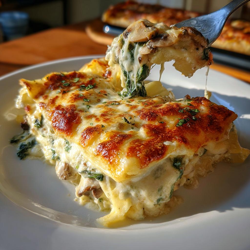 Close-up of a slice of baked creamy spinach mushroom lasagna with melted cheese and herbs.