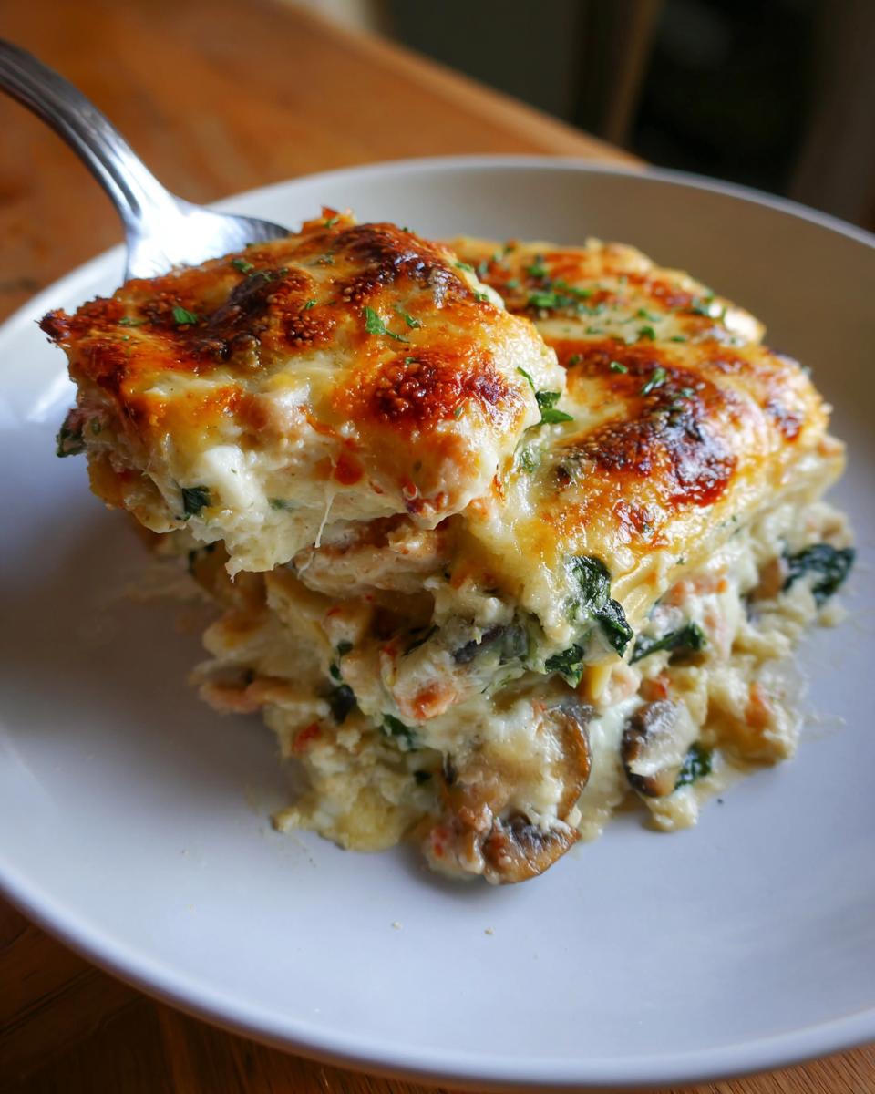 A slice of baked creamy spinach mushroom lasagna with golden melted cheese on a white plate