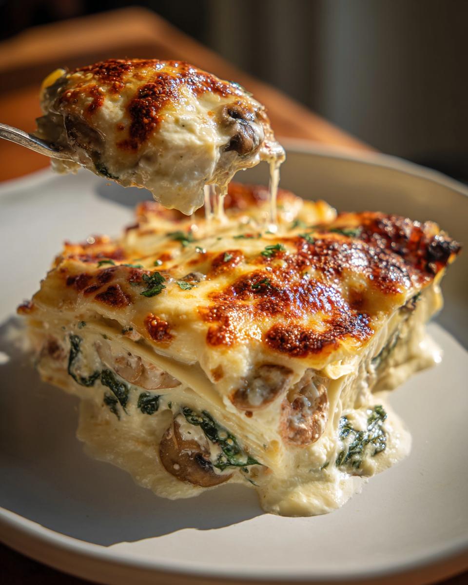 A slice of baked creamy spinach mushroom lasagna with melted cheese and mushrooms.