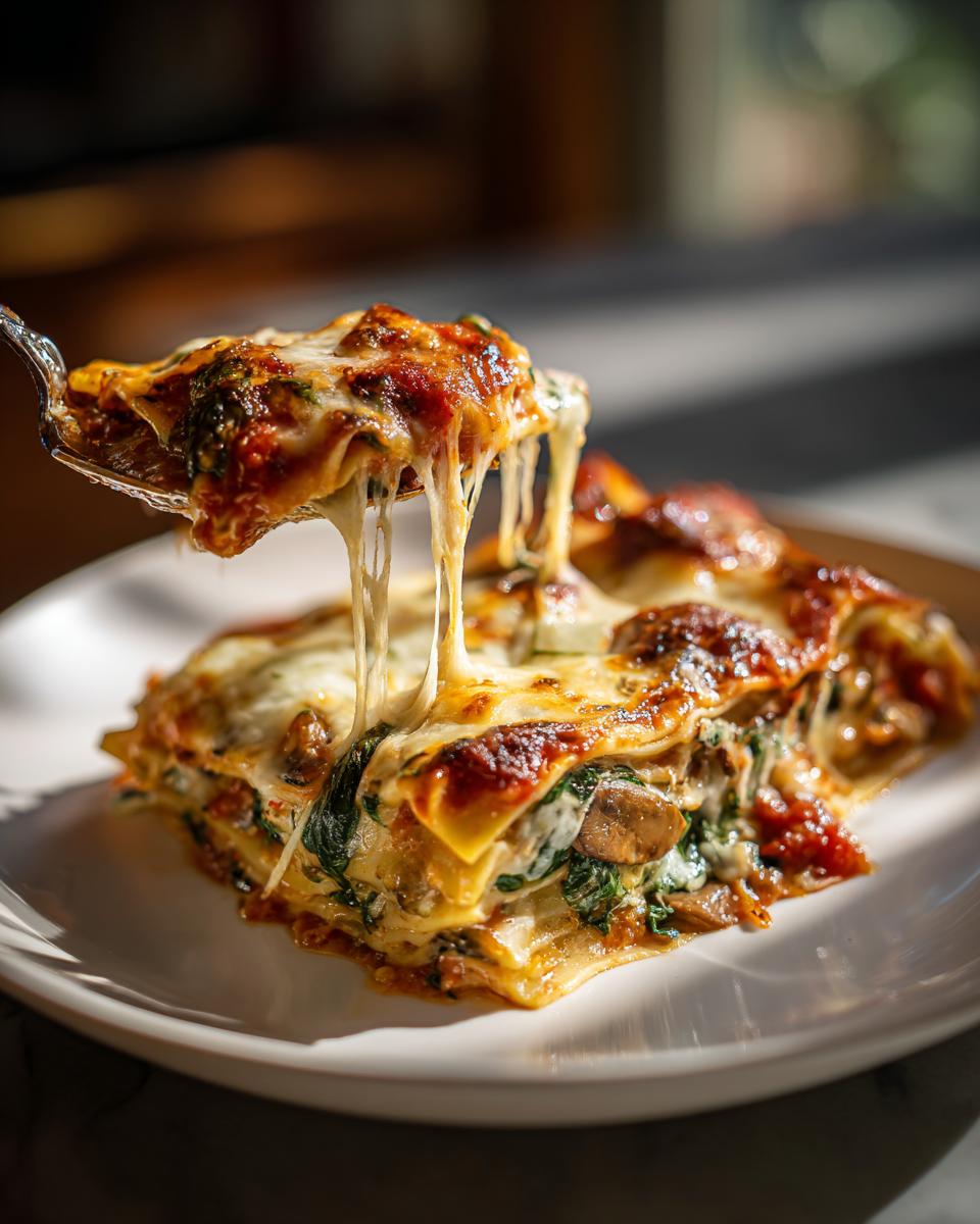 A slice of baked creamy spinach mushroom lasagna with melted cheese being lifted from a plate