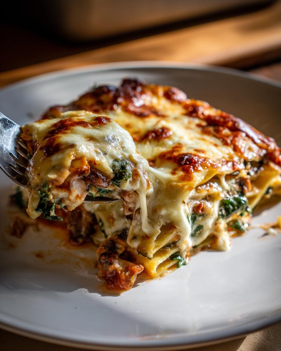 A fork lifting a cheesy slice of baked creamy spinach mushroom lasagna from a white plate.