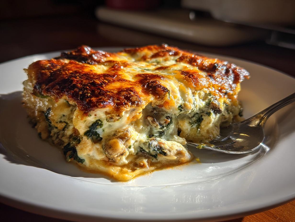 Close-up of baked creamy spinach mushroom lasagna slice on white plate with a fork.