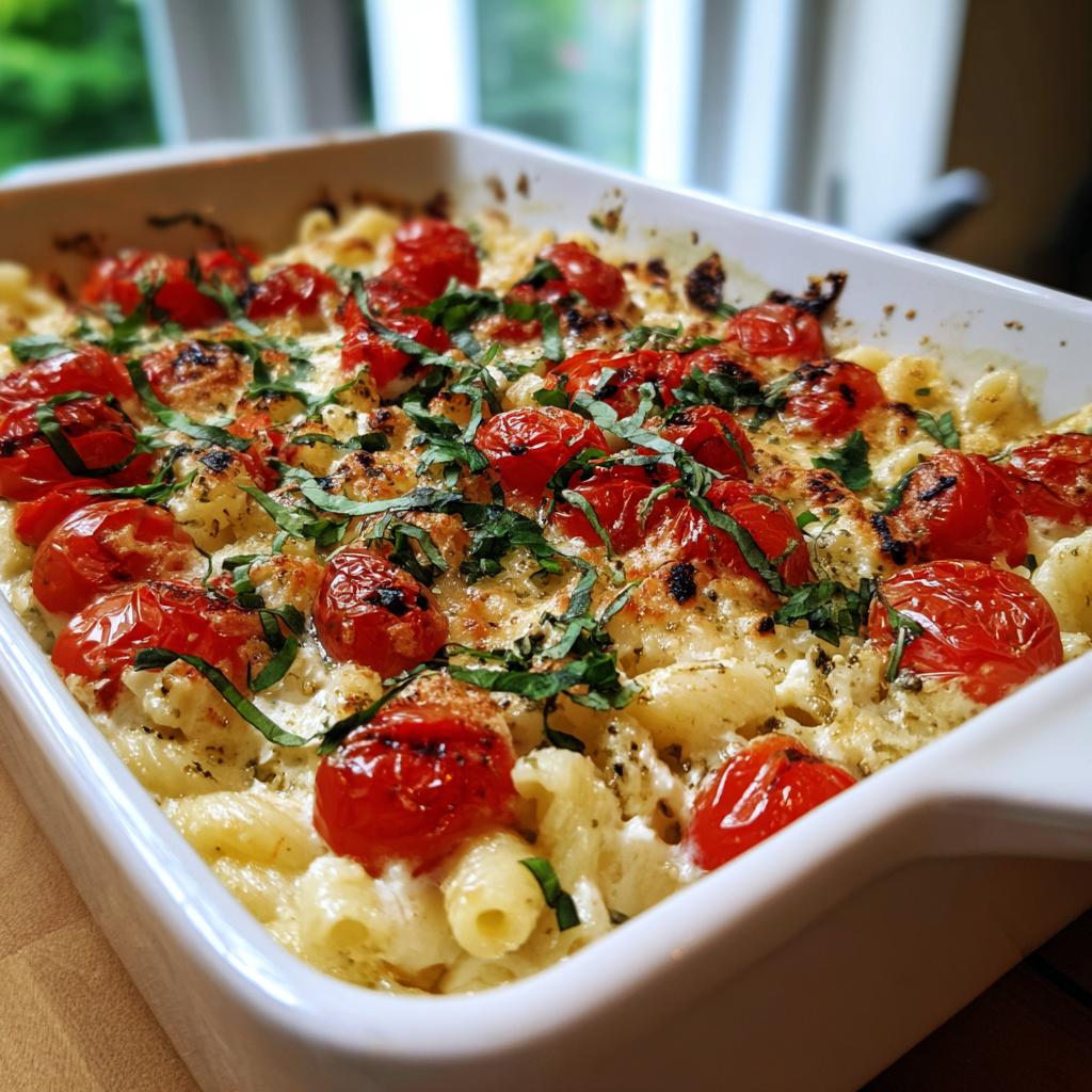 Close-up of baked feta tomato pasta dinner recipe with cherry tomatoes and fresh herbs in white baking dish